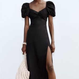 Balloon sleeve black linen blend dress